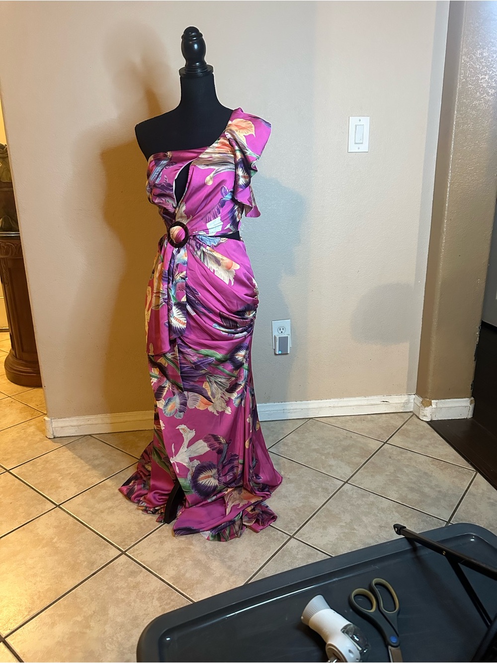 PatBO One-Shoulder Floral Satin Maxi Dress in Magenta and Multi